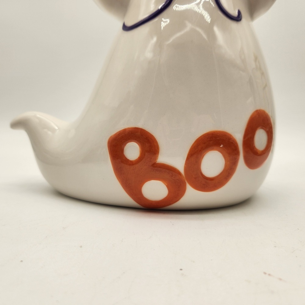 White Ceramic Whimsical Halloween Ghost Figurine Orange "BOO" Purple Bow Decor - Picture 4 of 11